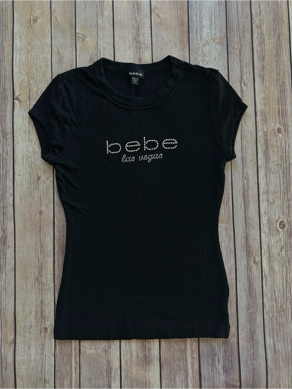 Bebe Vintage Y2K Black Short Sleeve Rhinestone Las Vegas Tee